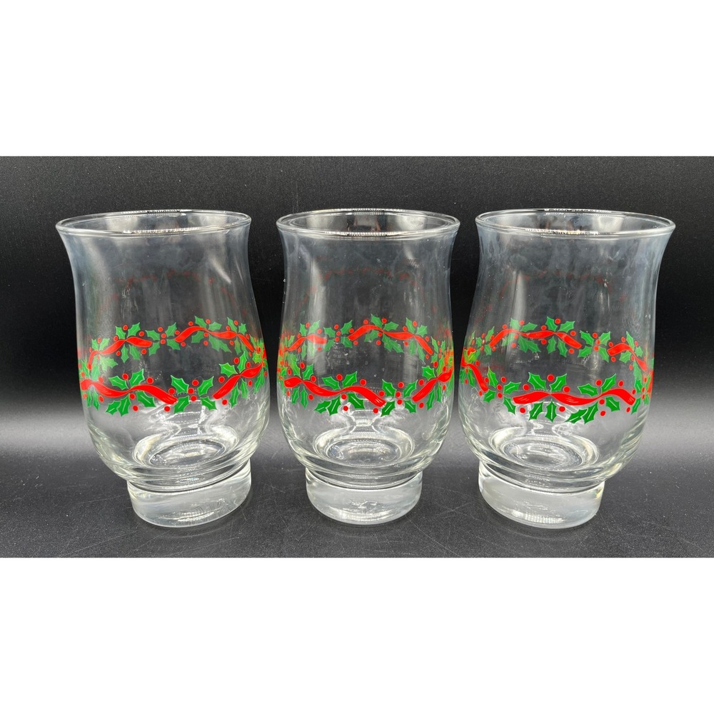 Vtg Libbey Christmas Holly & Ribbon Glass Tumblers Set of 3 Clear 14oz Footed